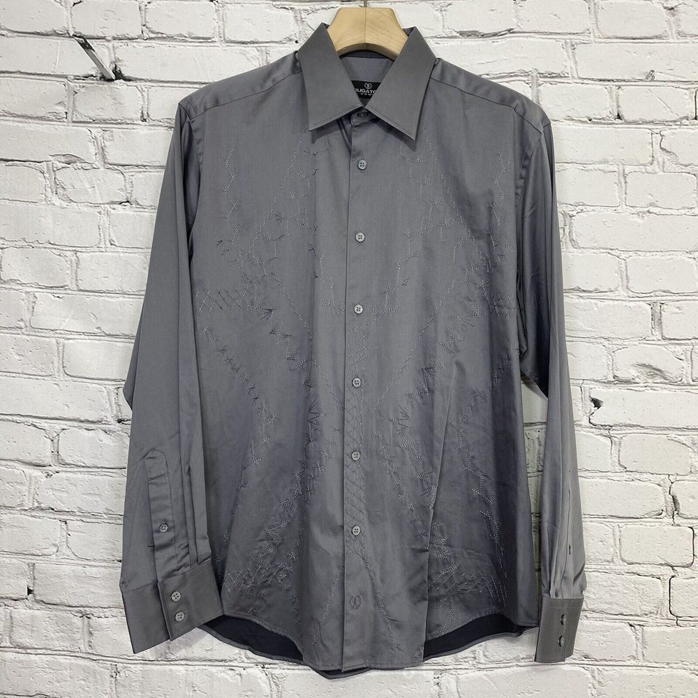 BUGATCHI OUMO Men's Gray Embroidered Button Up‎ Shirt LS Size L Stitch Design